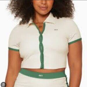 SET Active | Cream and Green Button-Up Collared Crop Top Workout Size XL